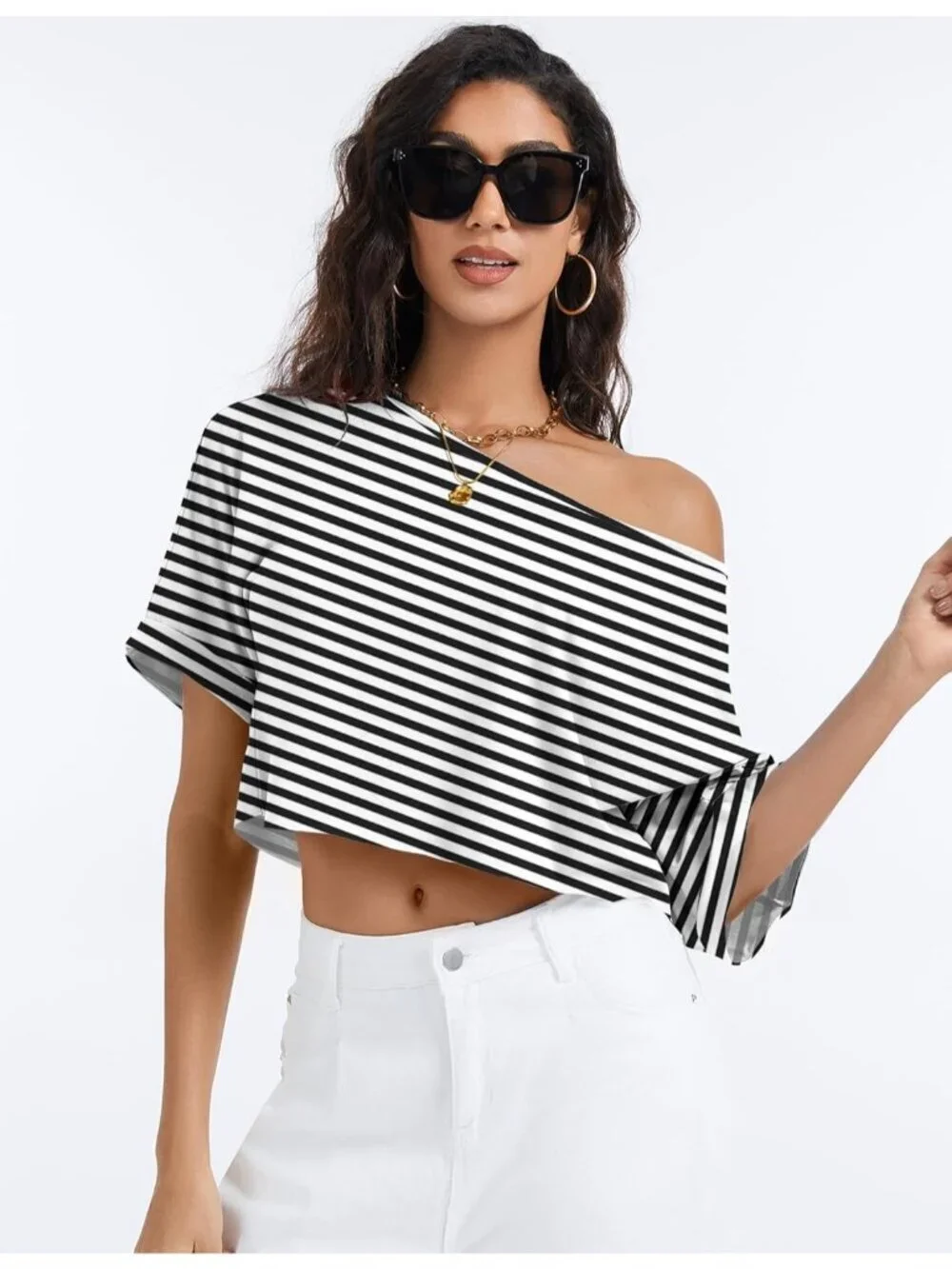 Women Black White Striped Short Sleeve Off The Shoulder Boat Neck Loose Crop Top